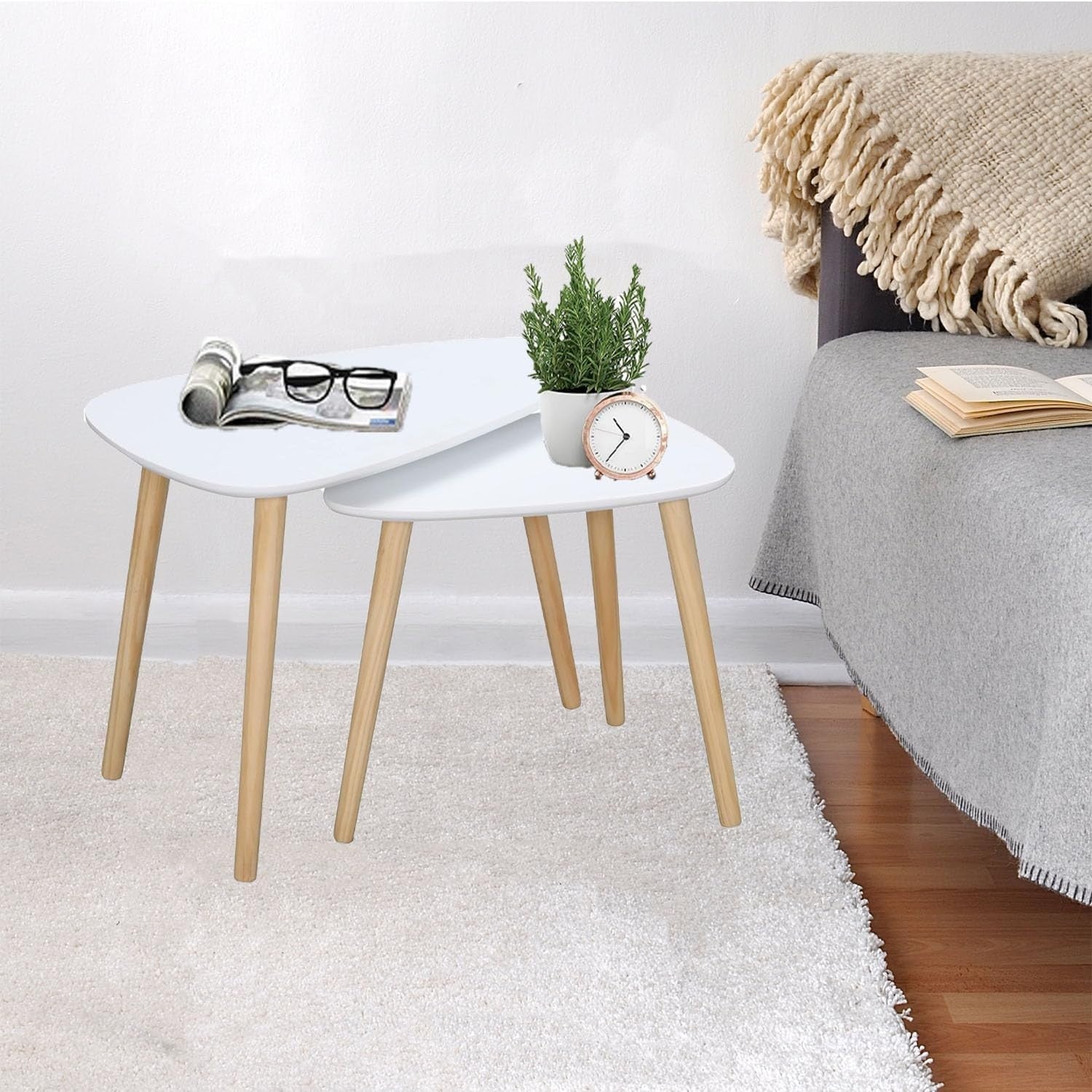 Nesting Coffee Tables White Set of 2 Modern Triangle Side Table Pine Legs