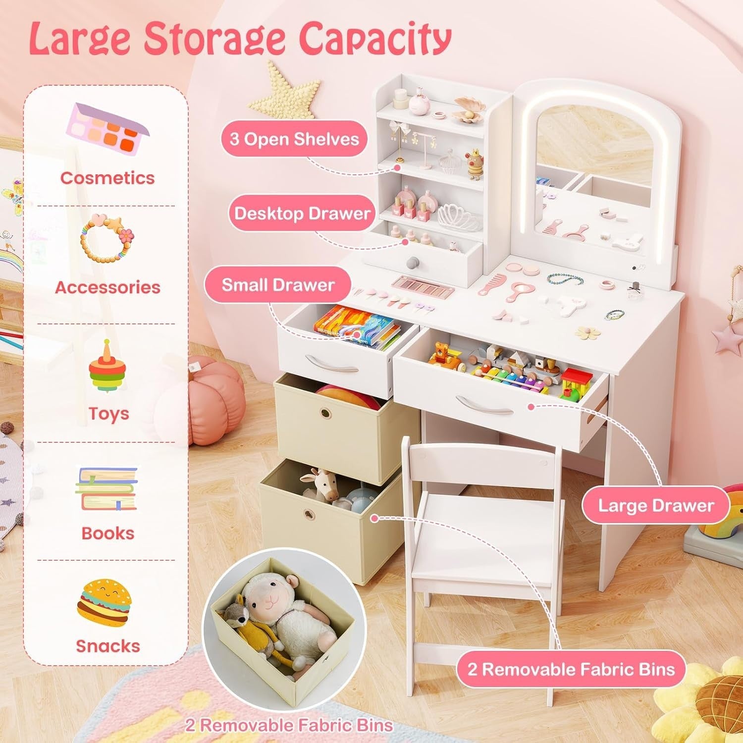 Kids Vanity Table Set Girls Dressing Desk & Stool LED Lighted Mirror Wood White