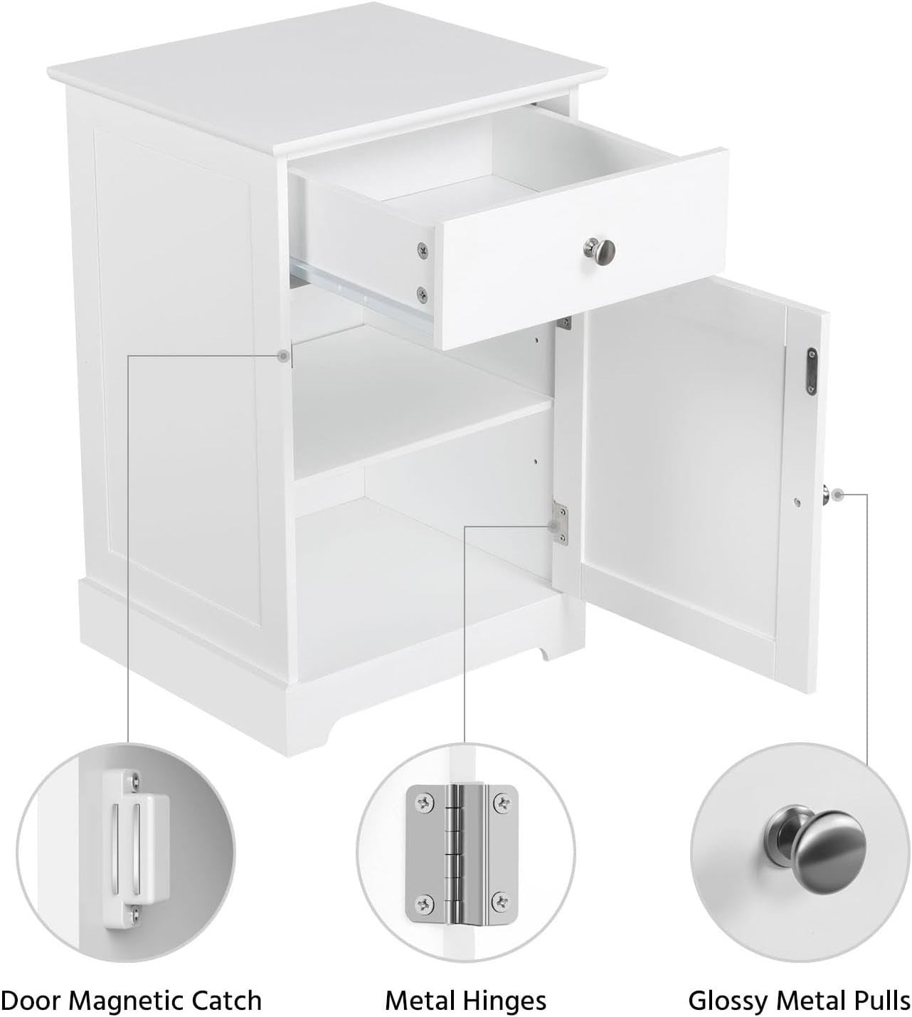 White Wooden Bedside Tables Set of 2 with Drawer & Cupboard