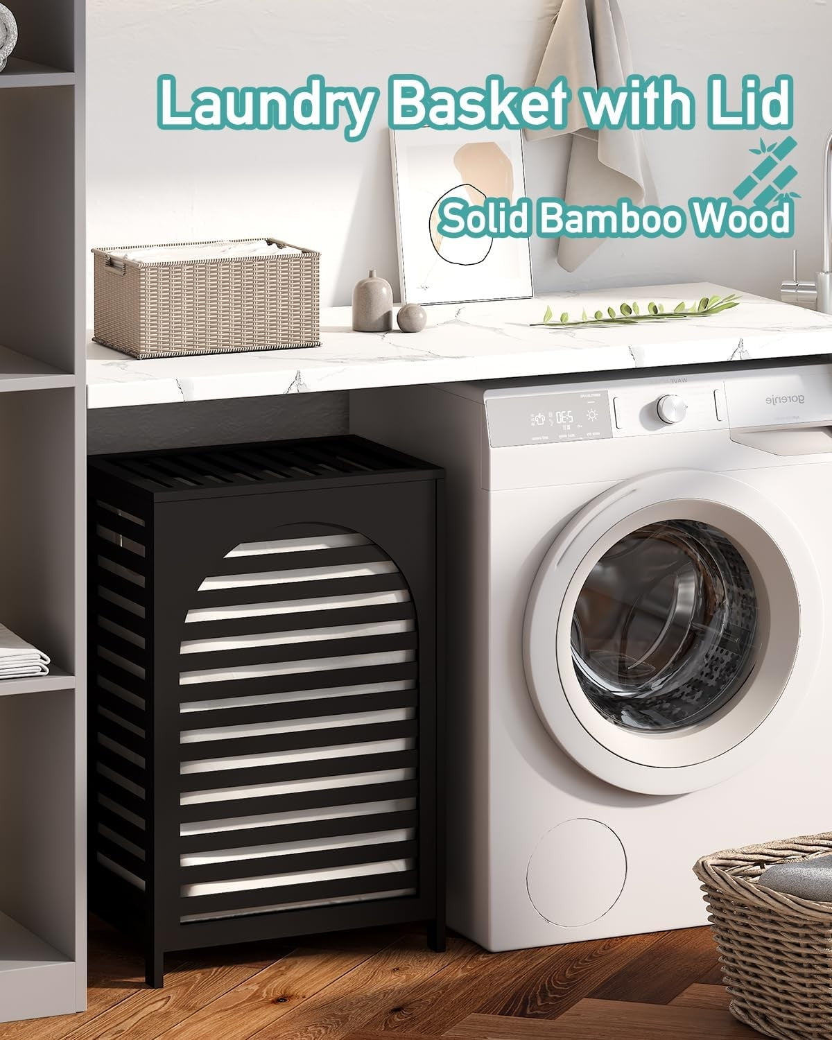 Black Bamboo Laundry Hamper 85L with Lid & Removable Liner | Ventilated Clothes