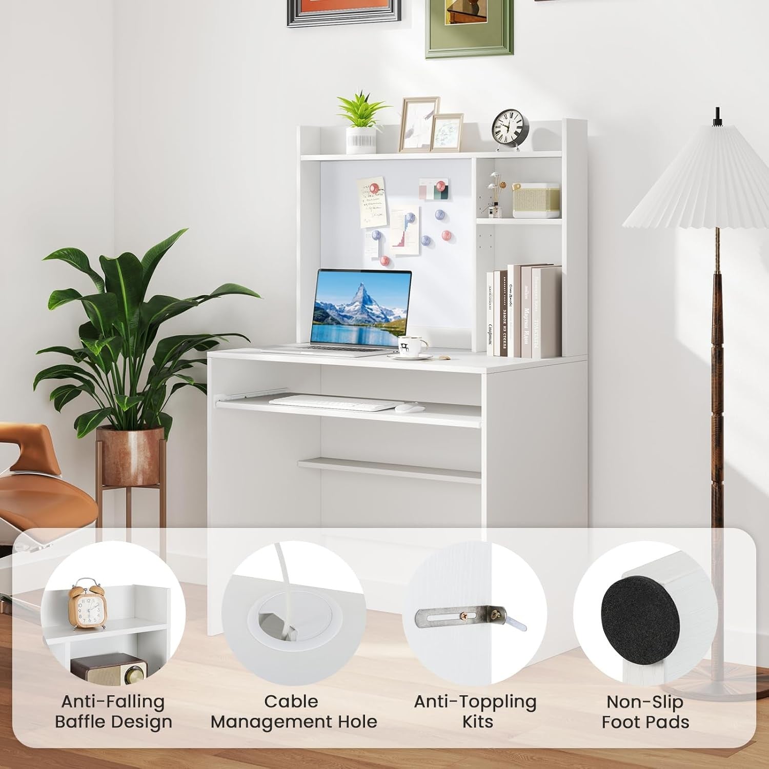 Computer Desk with Hutch Storage Keyboard Tray Study Workstation White