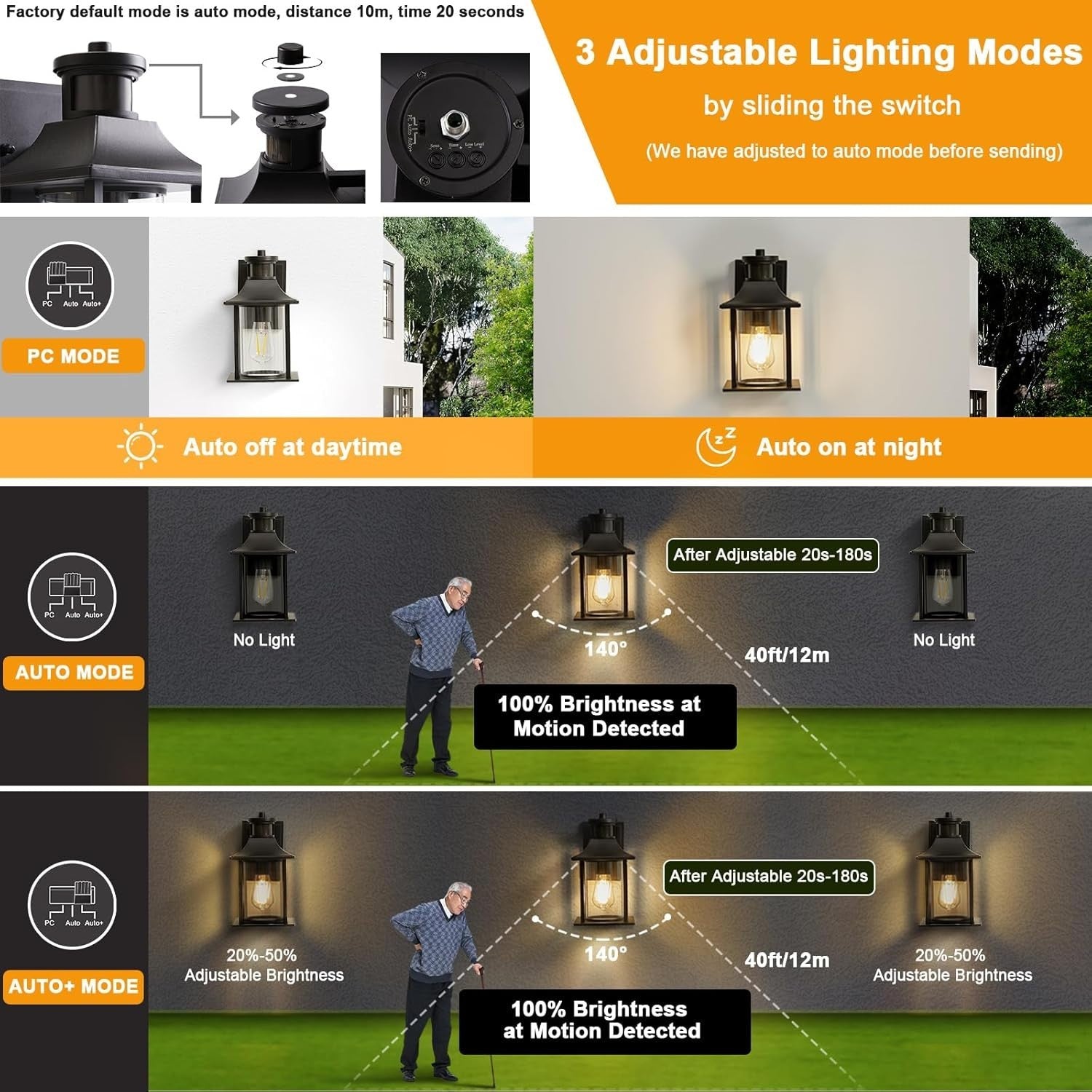 Outdoor Wall Light PIR Motion Sensor, Dusk to Dawn, Black Retro Lantern