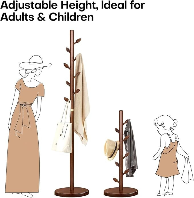 Solid Wood Coat Rack 184cm Freestanding Tree Stand with 8 Hooks Round Base