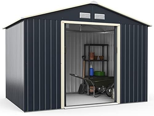 Metal Garden Storage Shed 9x6ft Waterproof Outdoor Tool Shed, Sliding Doors Grey