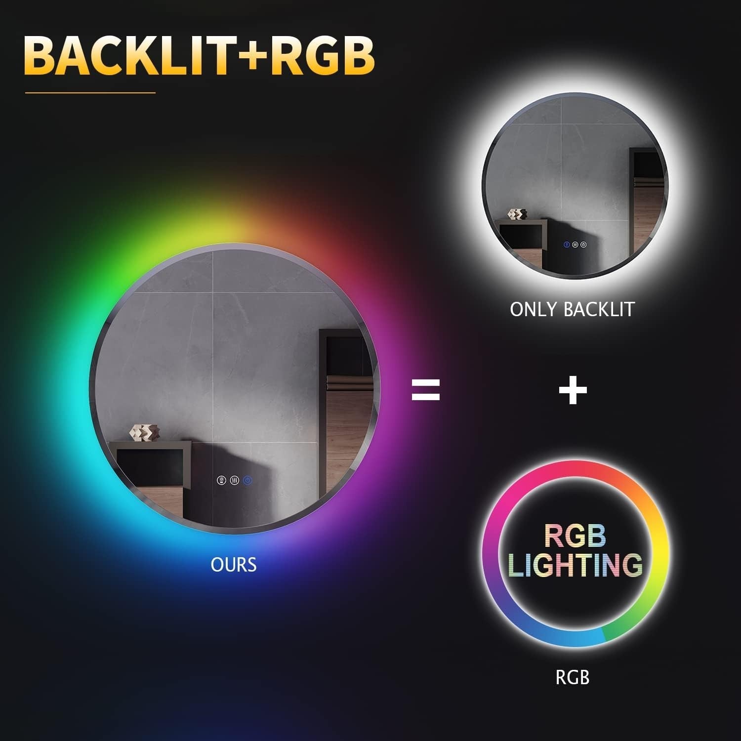 Round LED Bathroom Mirror 60cm RGB Color Change Anti-Fog Touch Control