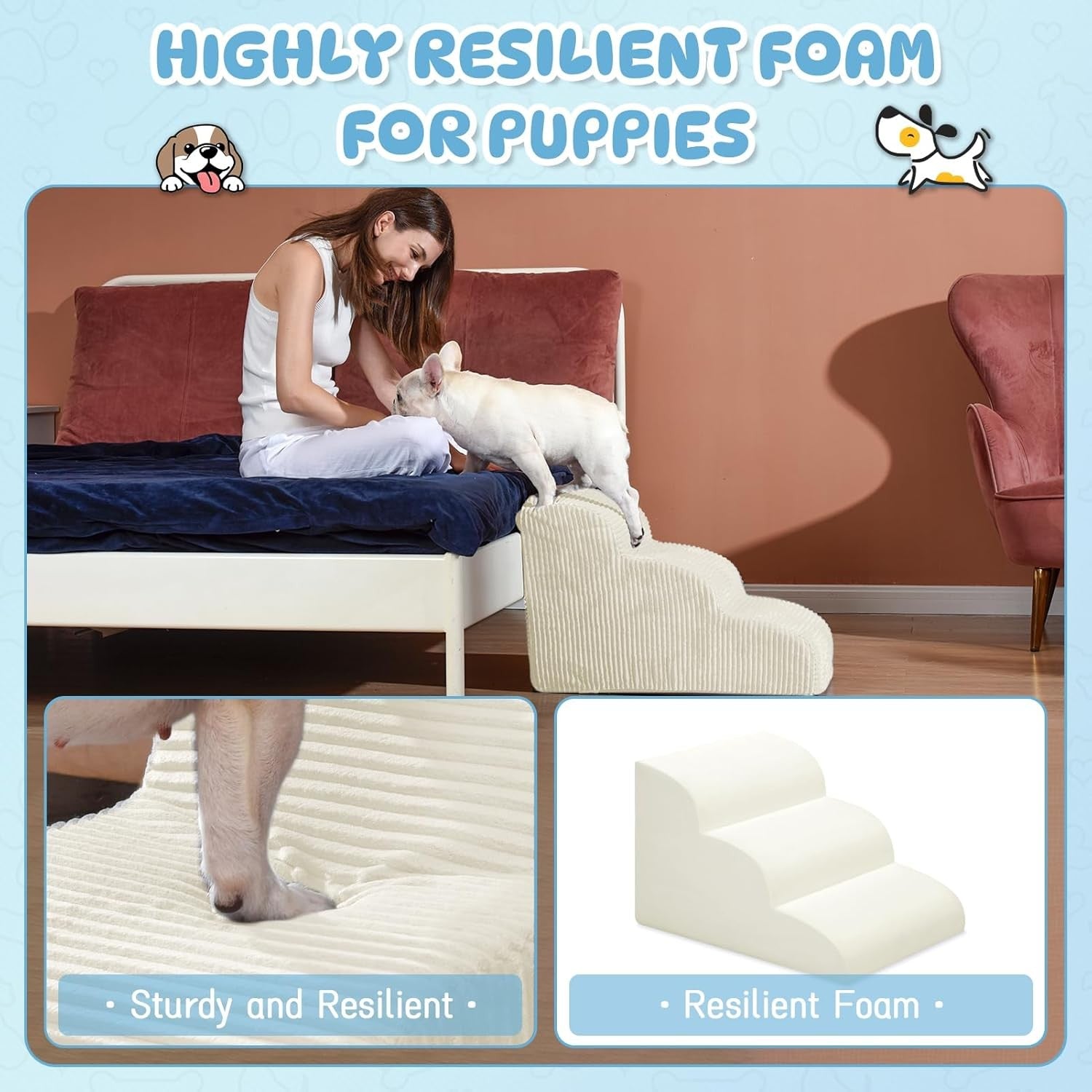 2-Step Dog Stairs Ramp High-Density Foam Pet Steps H:11.8" Beige