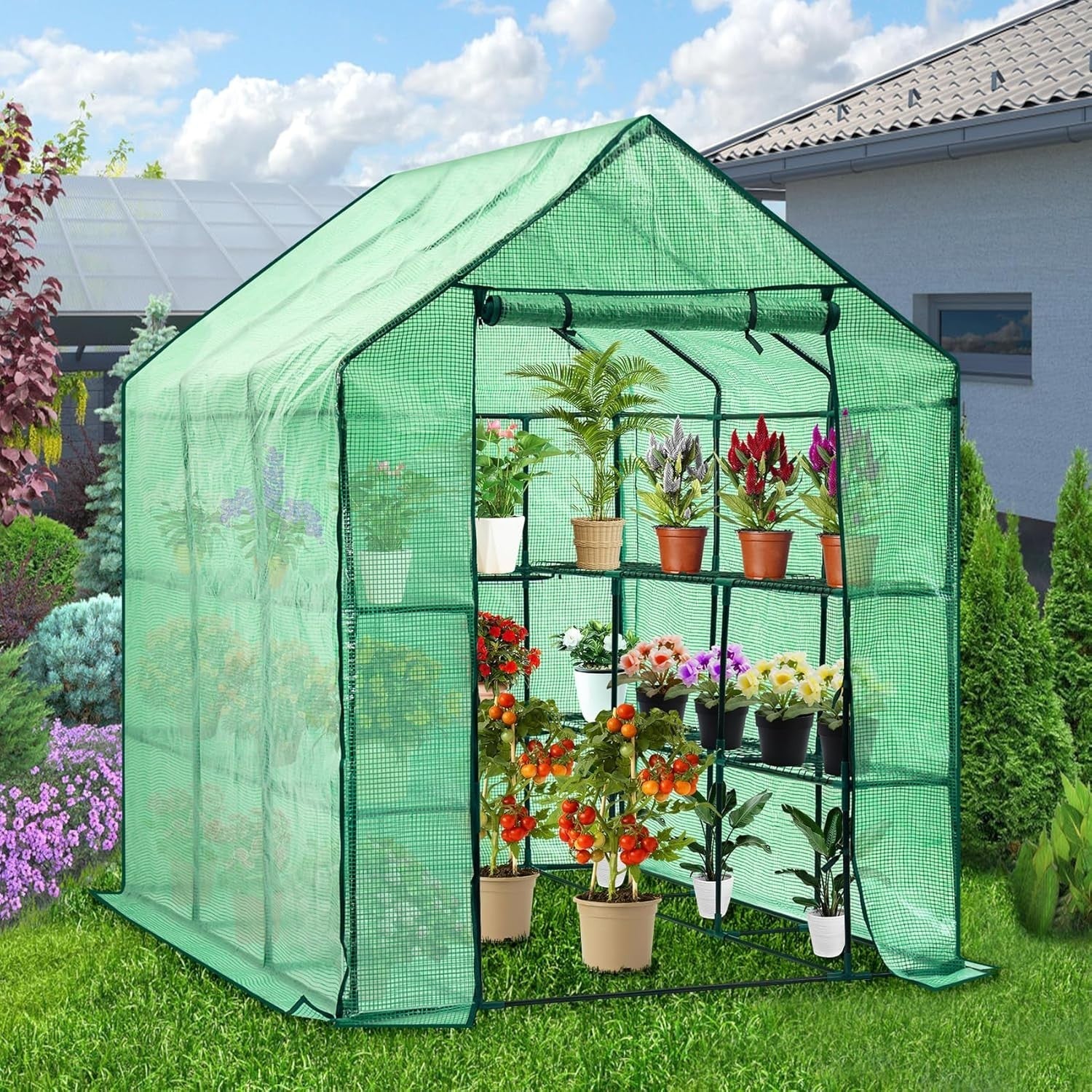 Walk-In Garden Greenhouse 8 Shelves Heavy Duty Steel Frame PE Cover 216cm