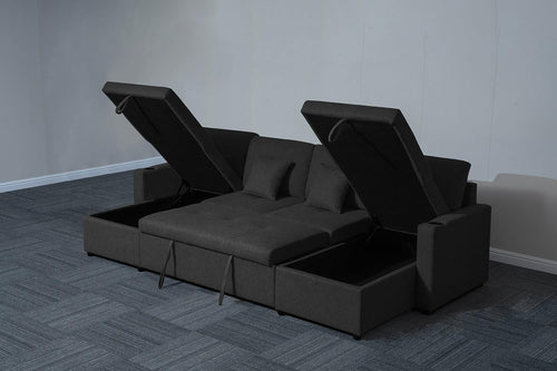 Black Fabric U-Shaped 4 Seater Sofa Bed with Storage & Pull-Out Bed