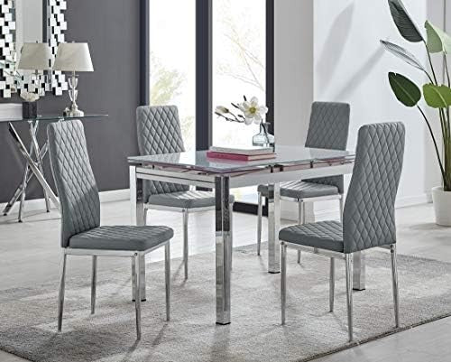 Modern White Glass Extending Dining Table with 4 Grey Quilted Chairs Set