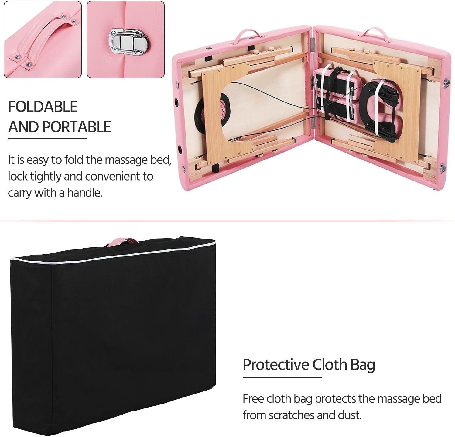 60cm 3-Section Portable Pink Massage Table | Foldable Wooden Lash Beauty Bed