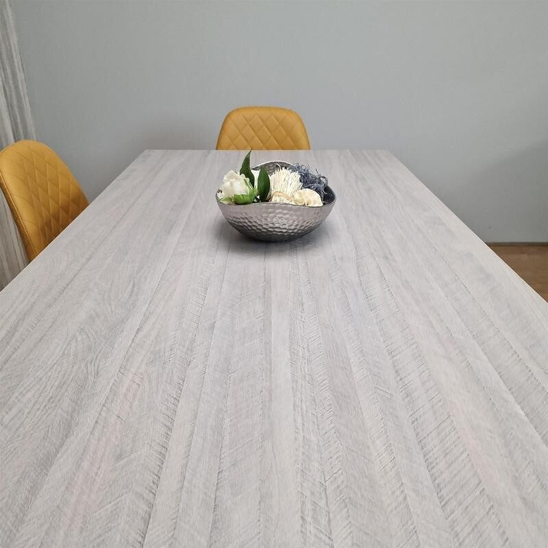 6 Seater Light Grey Dining Table Set with Mustard Chairs & Bench, MDF