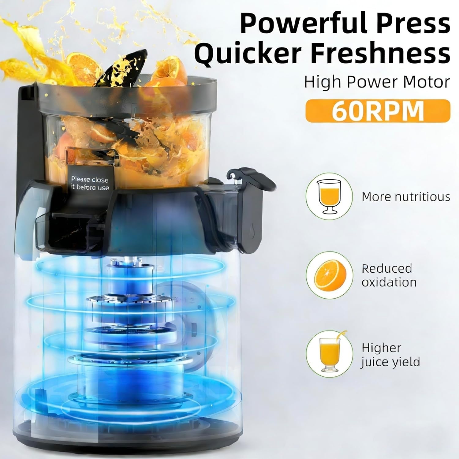 Cold Press Juicer 135mm Large Feed Chute Whole Fruit 300W High Yield