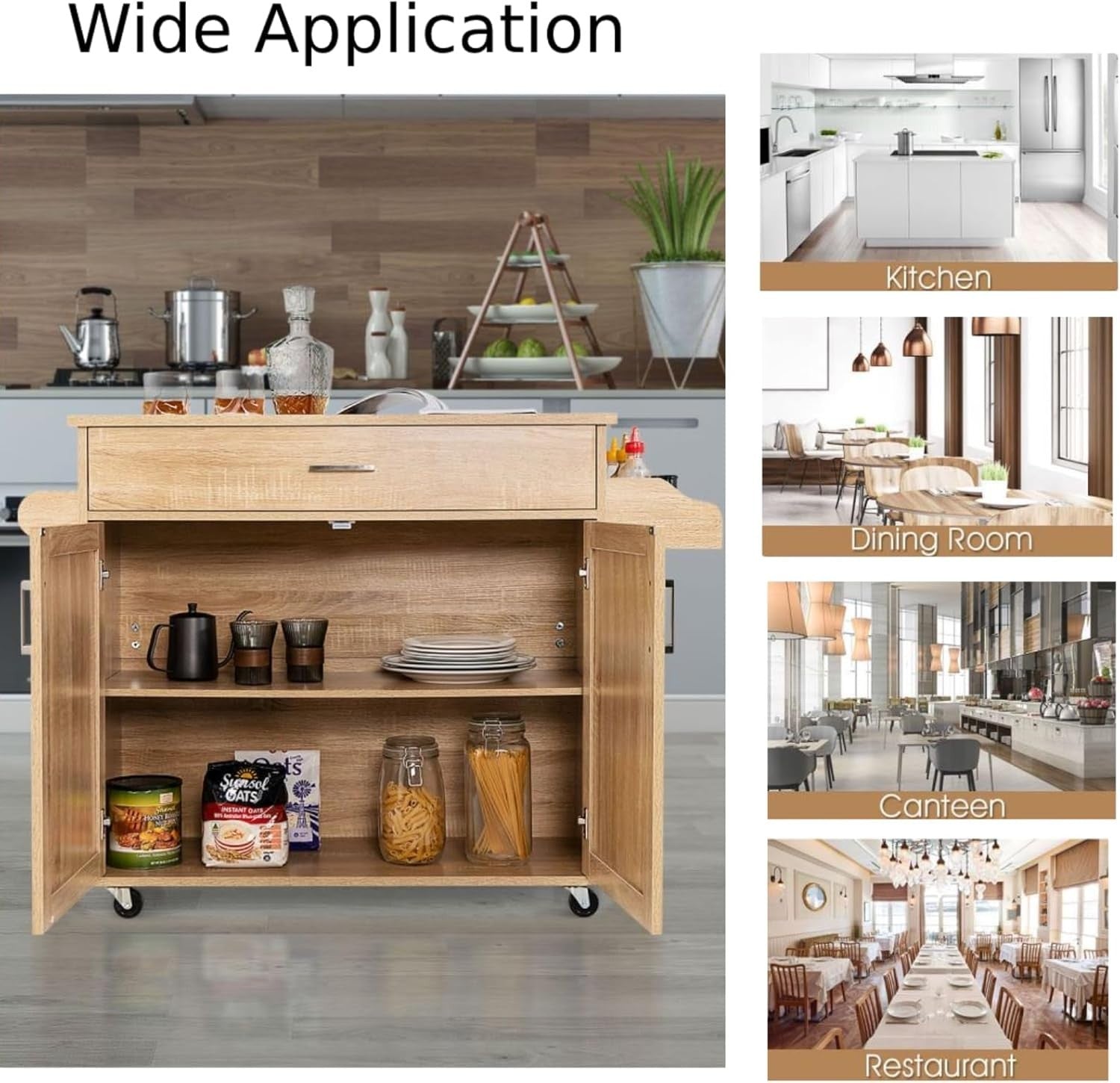 Kitchen Island Cart with Drawer, Adjustable Shelf & Towel Rack, Natural 40x116x8