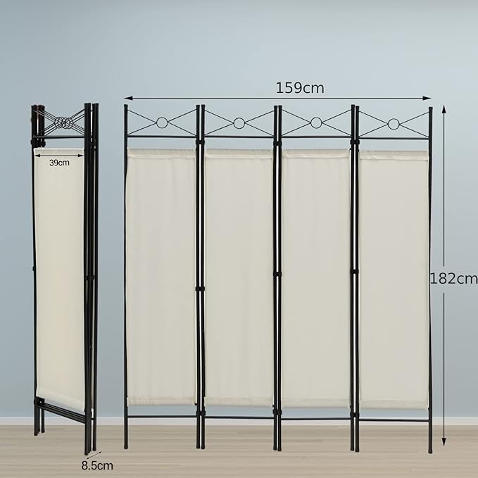 White 4 Panel Folding Room Divider – Privacy Screen with Detachable Fabric Panel