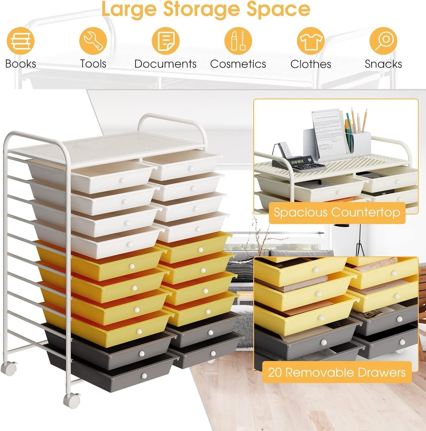 Yellow 20 Drawer Rolling Storage Cart Mobile Utility Organizer Trolley