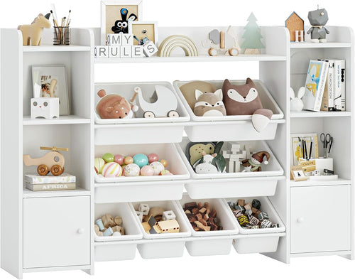 Kids Toy Storage Organizer with 8 Removable Bins, Shelves & Cabinets - White