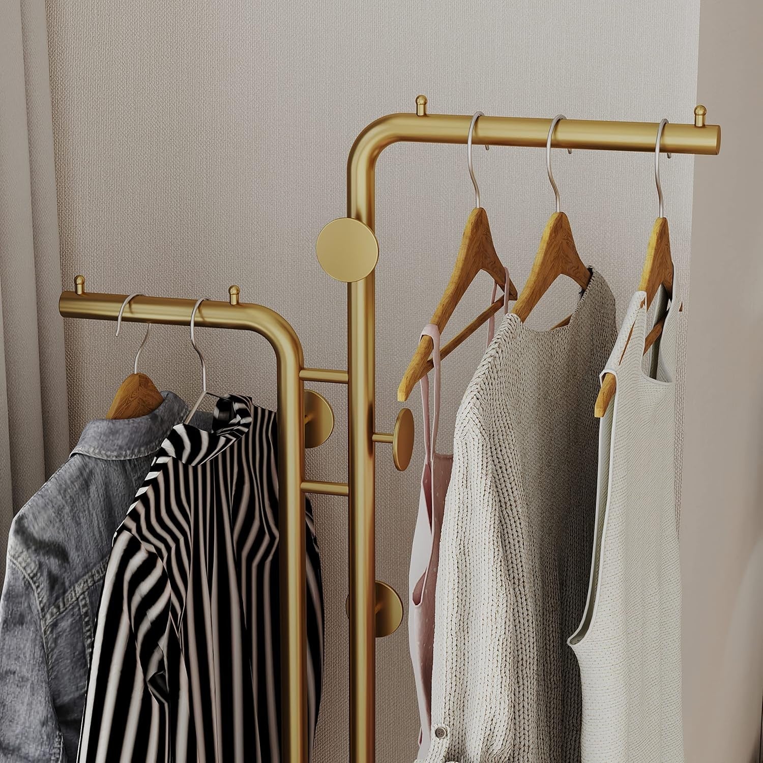 Gold Double Pole Coat Rack Freestanding with Marble Base 5 Hooks Modern