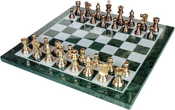 Luxury 20" Green Marble Chess Set – Large Inlaid Board + Brass Crafted Pieces