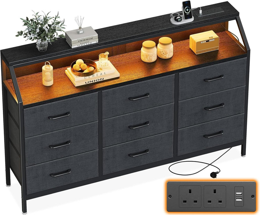 Modern Black Chest of Drawers 9 Fabric Drawers USB Ports LED Light Strip