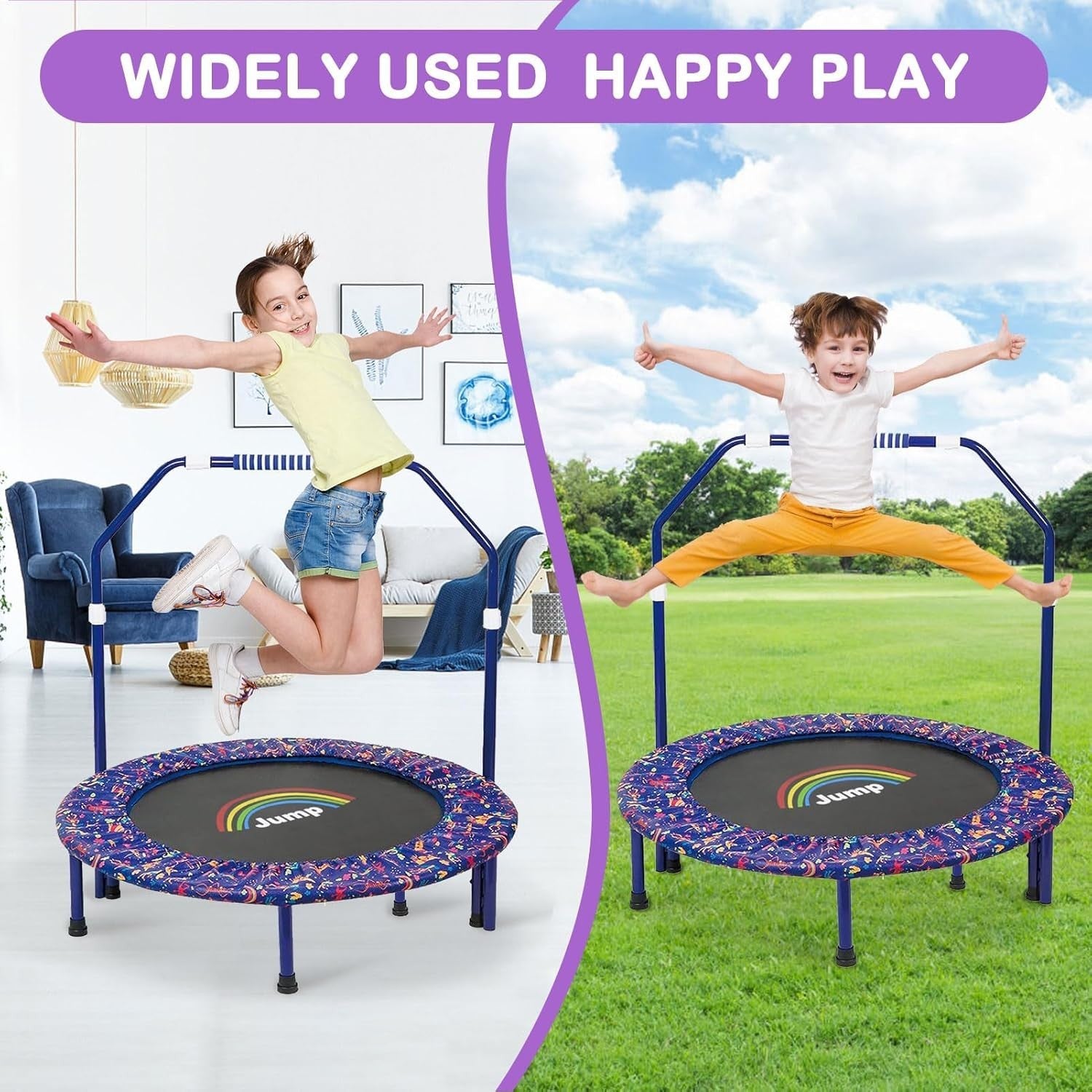 36'' Kids Mini Trampoline Foldable Quiet Rebounder Safety Handle Blue