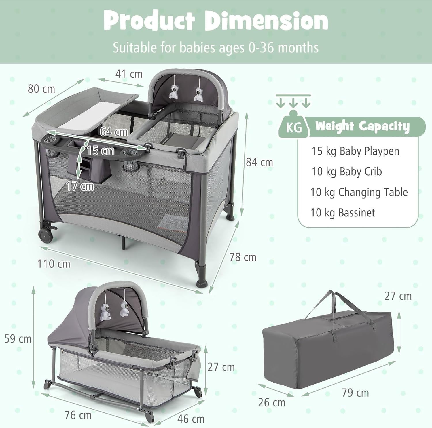 5in1 Baby Travel Cot Foldable Crib with Mattress, Changer & Storage Grey