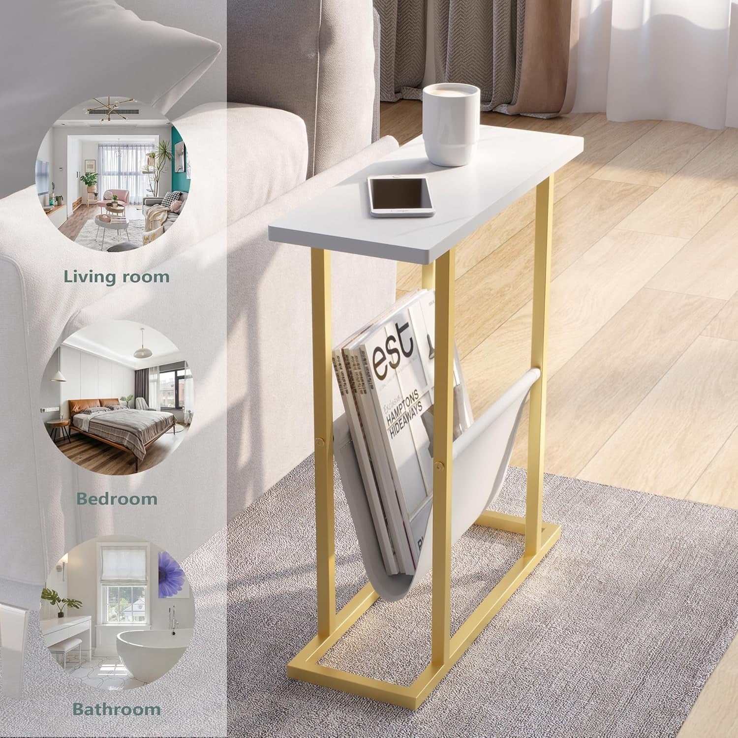 Slim Gold Side Table with Storage Bag – Narrow End Table for Sofa/Bed