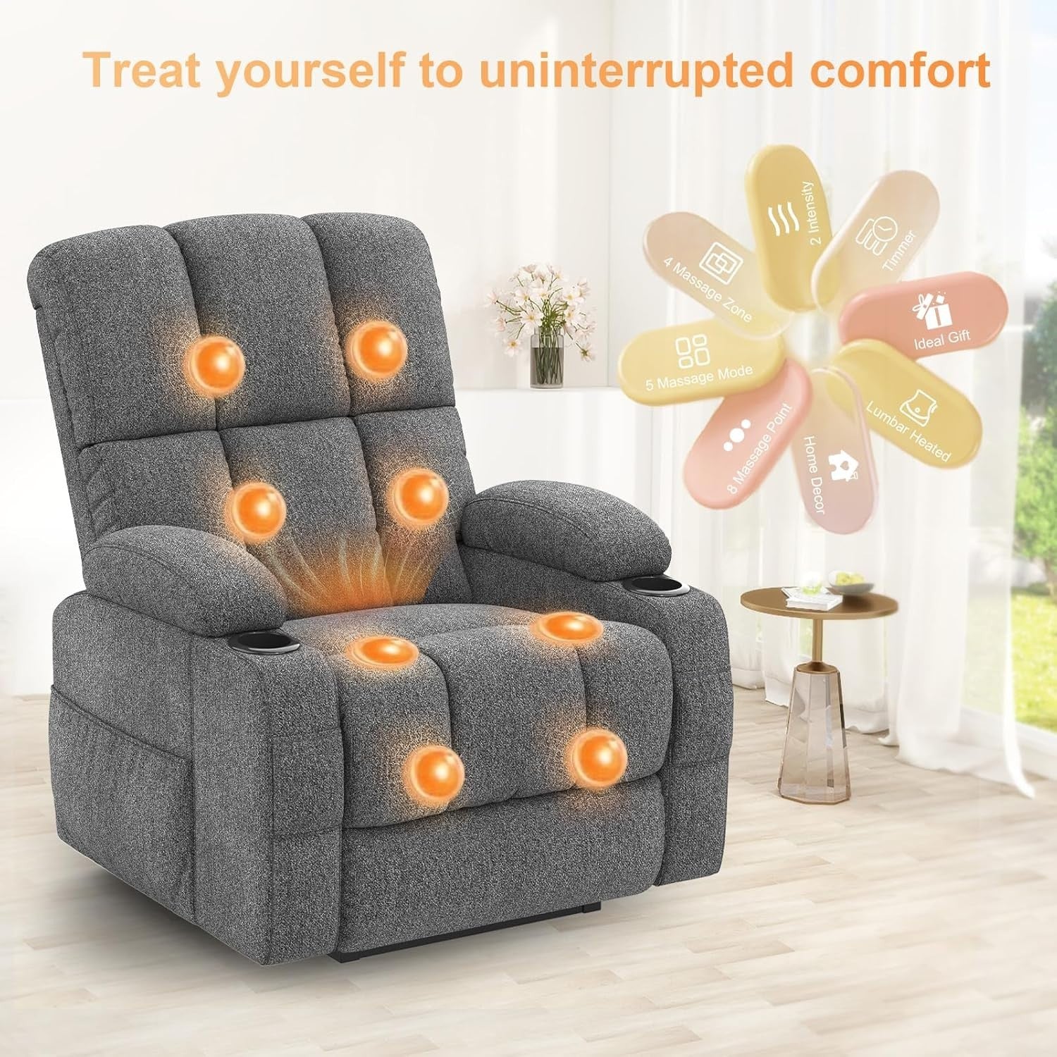 Dark Grey Lift Recliner Chair Elderly Massage Heat USB Cup Holders Footrest