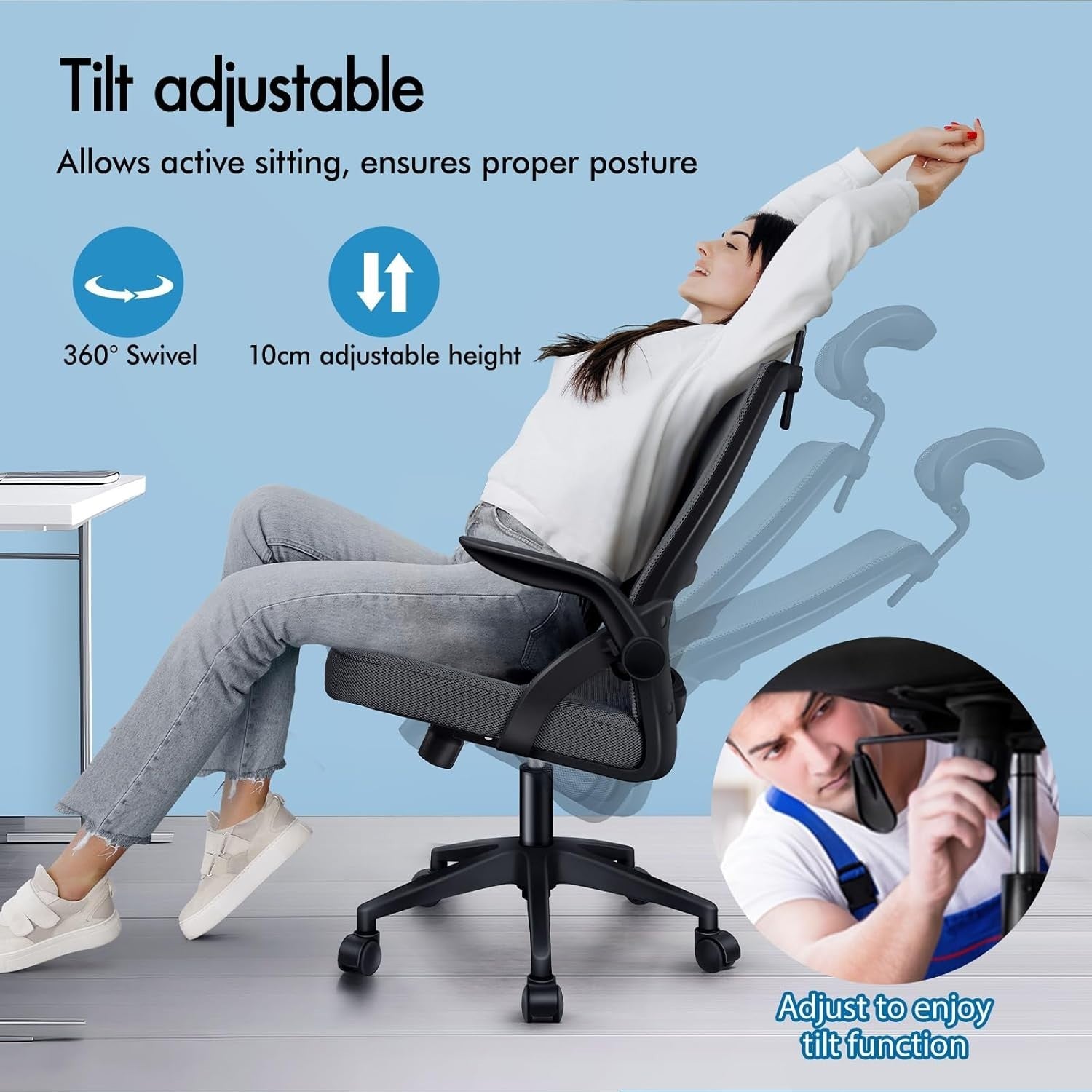 Ergonomic Office Chair Mesh Back Grey Adjustable Flip Arms Lumbar Support 180KG