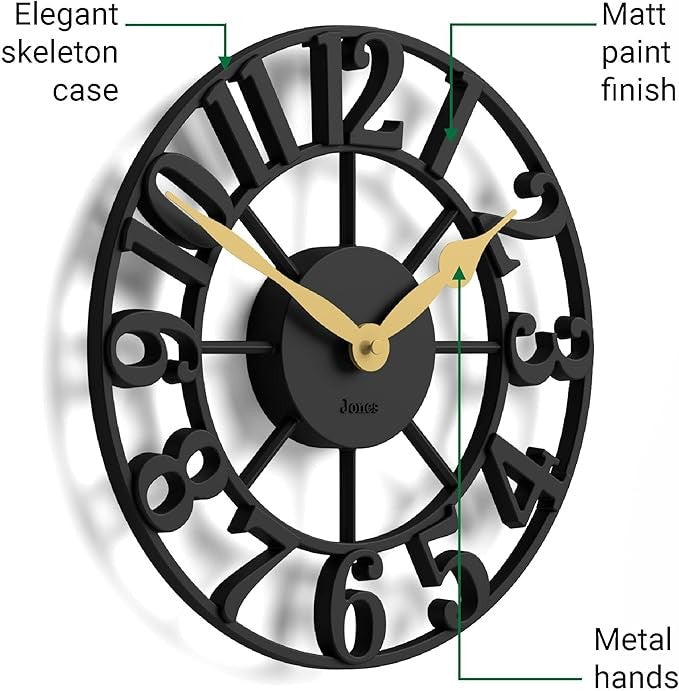 30cm Black Skeleton Wall Clock Silent Modern Raised Numerals Luxury Home Decor