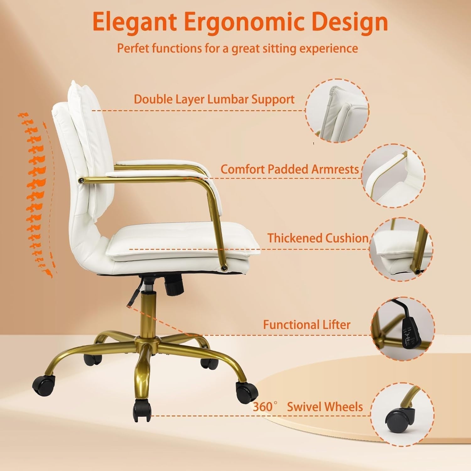 Executive Ergonomic Office Desk Chair White Faux Leather Adjustable Swivel Rolli