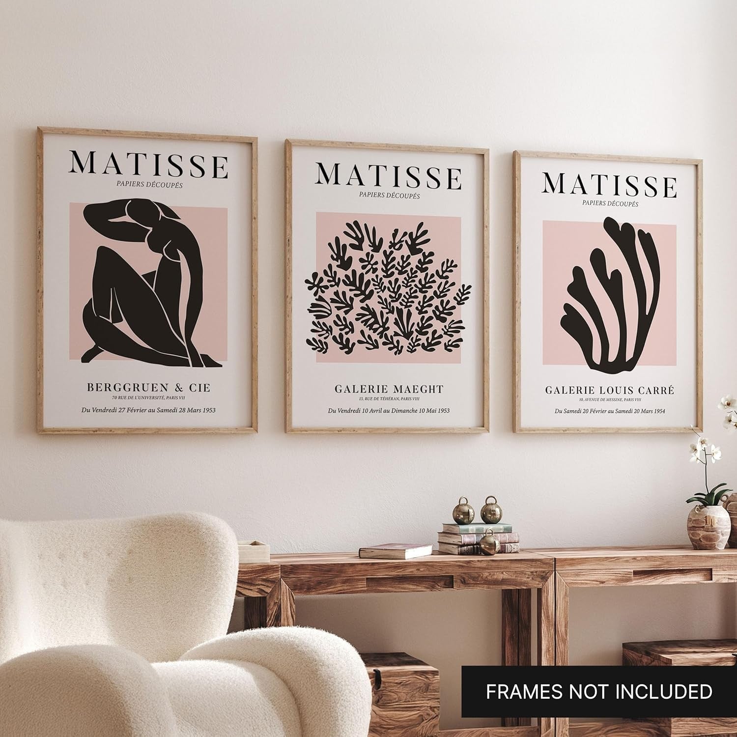 3Pcs Matisse Inspired Wall Art – Black on Blush Modern Minimalist A4