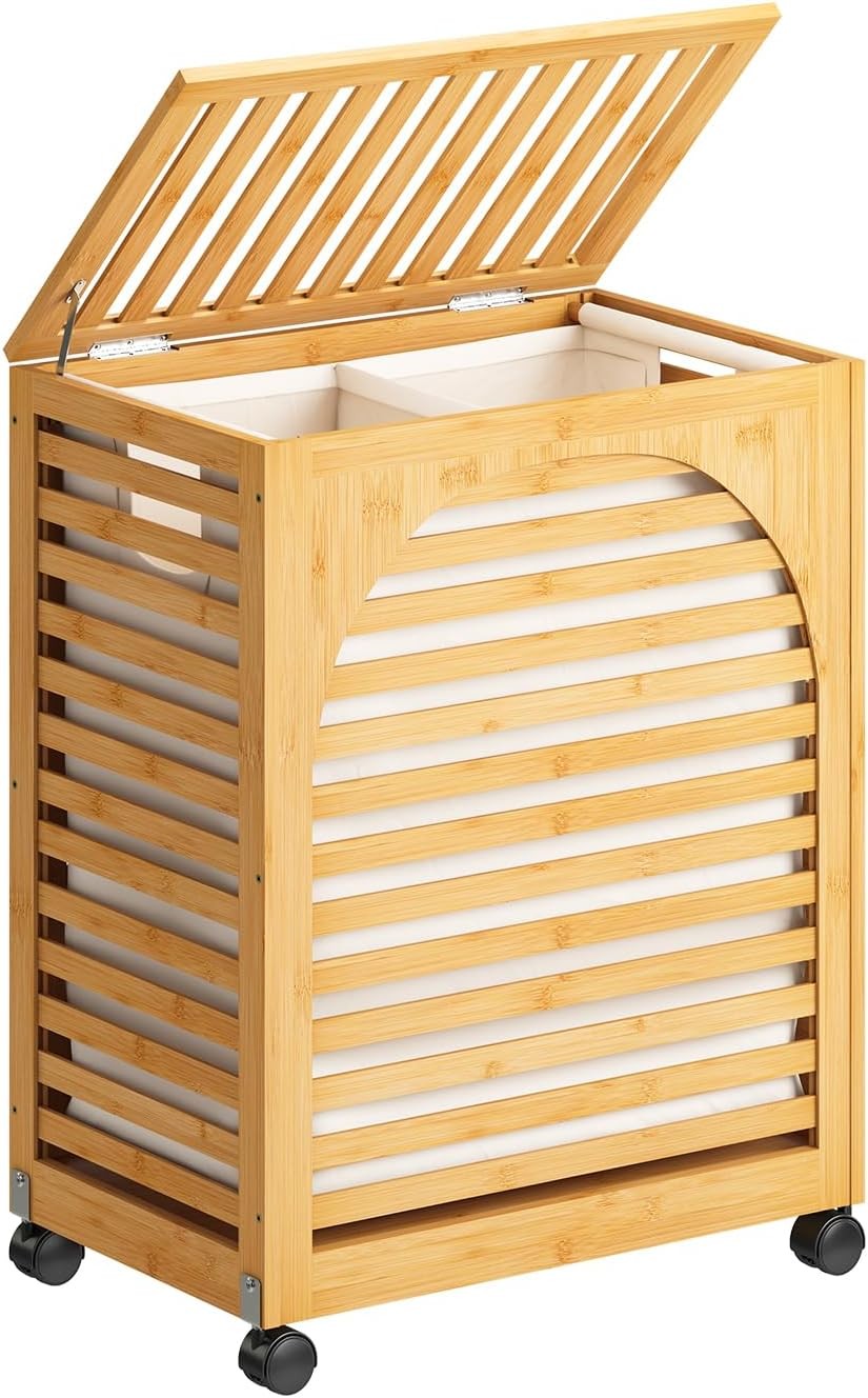 103L Bamboo Laundry Hamper on Wheels Large 2 Section Basket with Lid & Liner