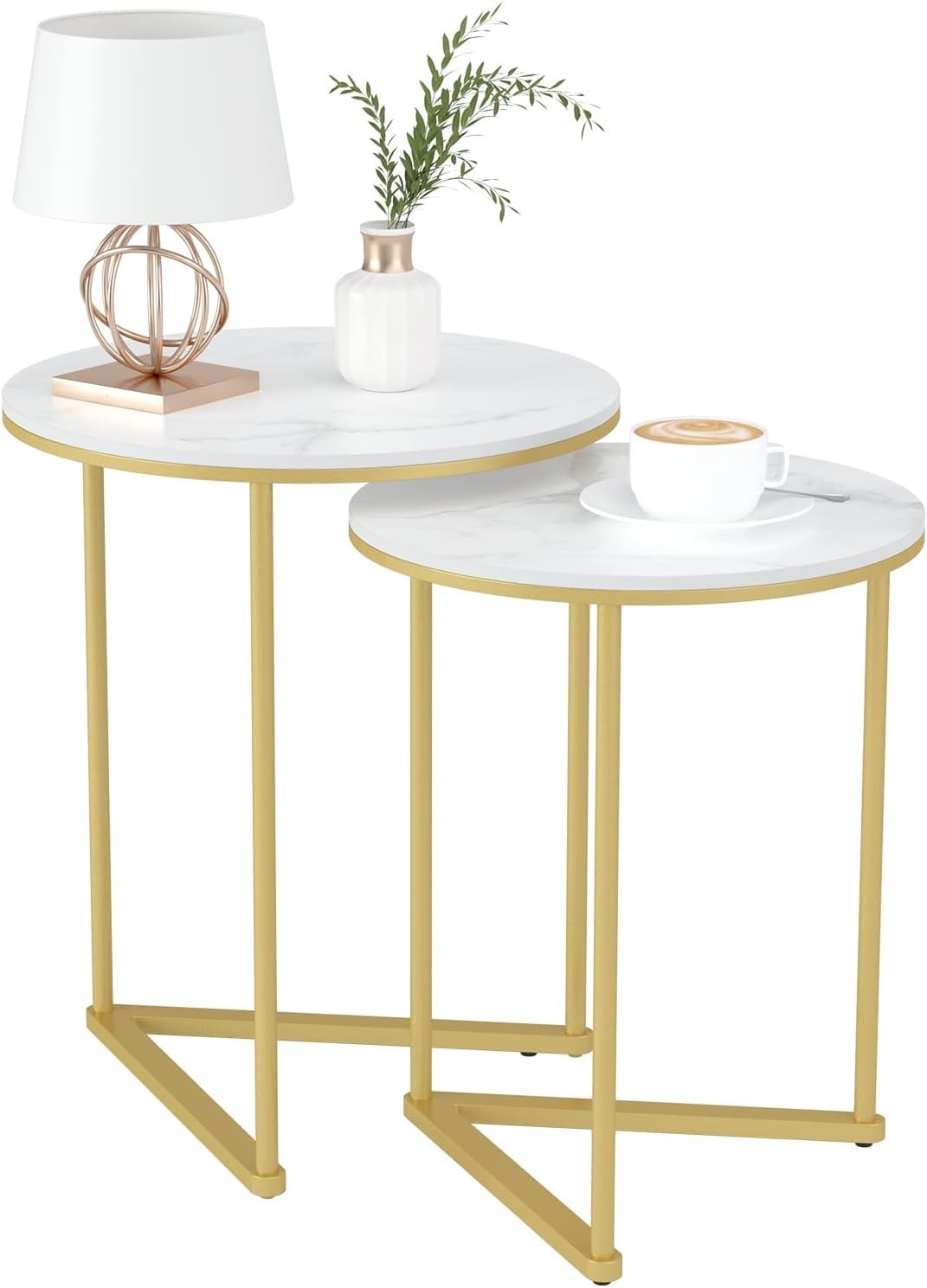 Gold Nesting Side Tables Round Marble Stone Top End Accent Table Set Living Room