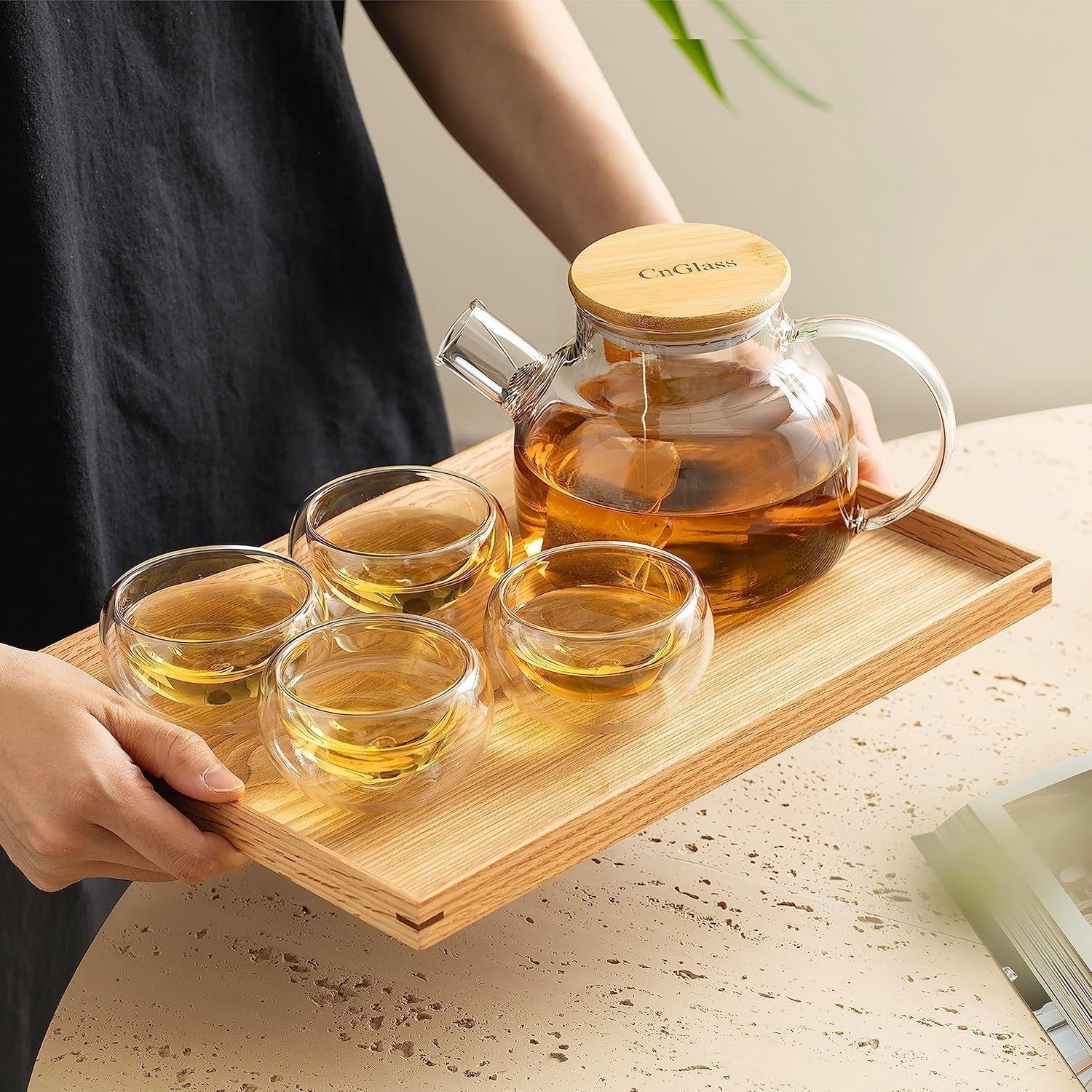 900ml Glass Teapot Set with 4 Double Wall Cups Stovetop Safe Tea Maker