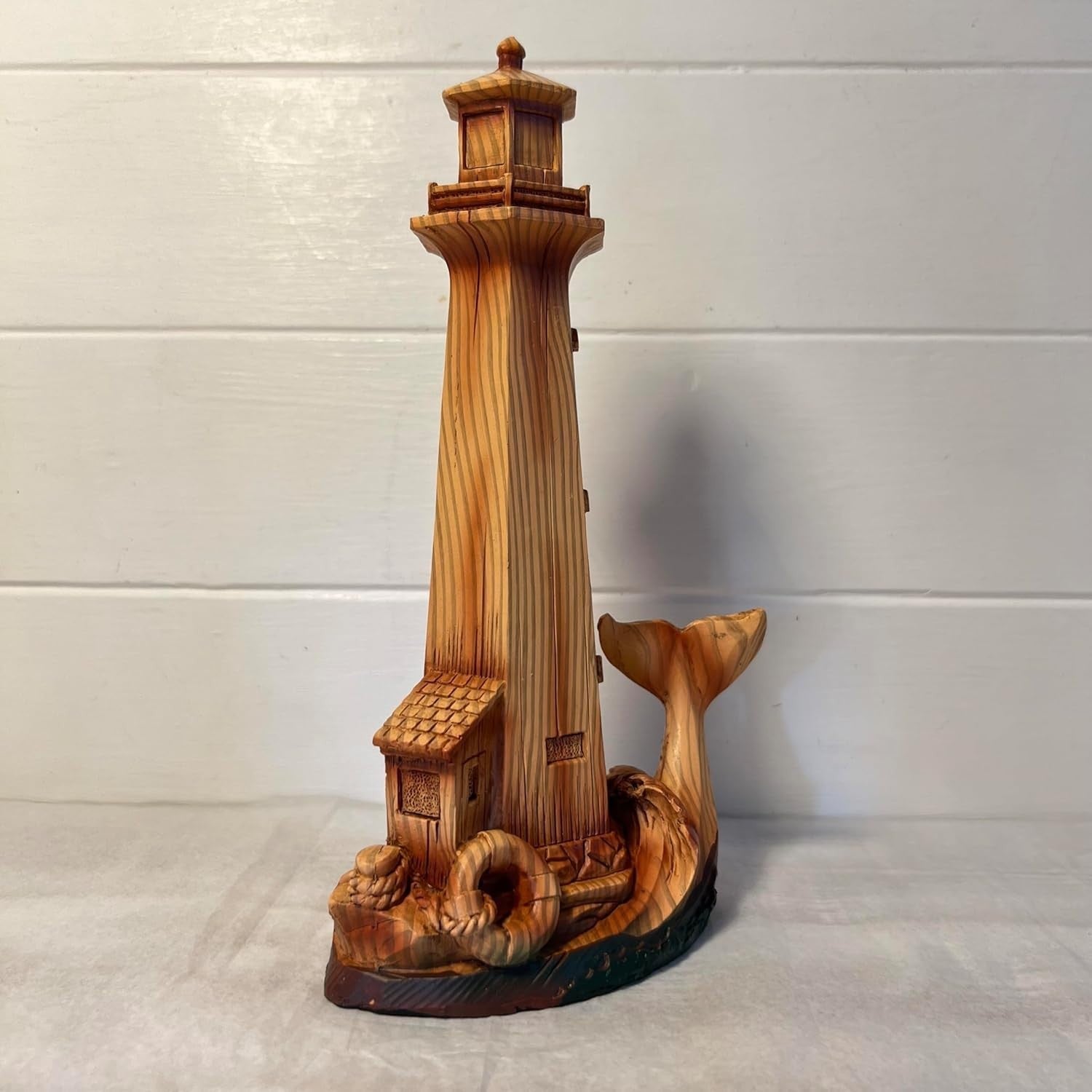 Wood-Effect Lighthouse Ornament 22cm | Nautical Decor Sculpture | Whale Tail