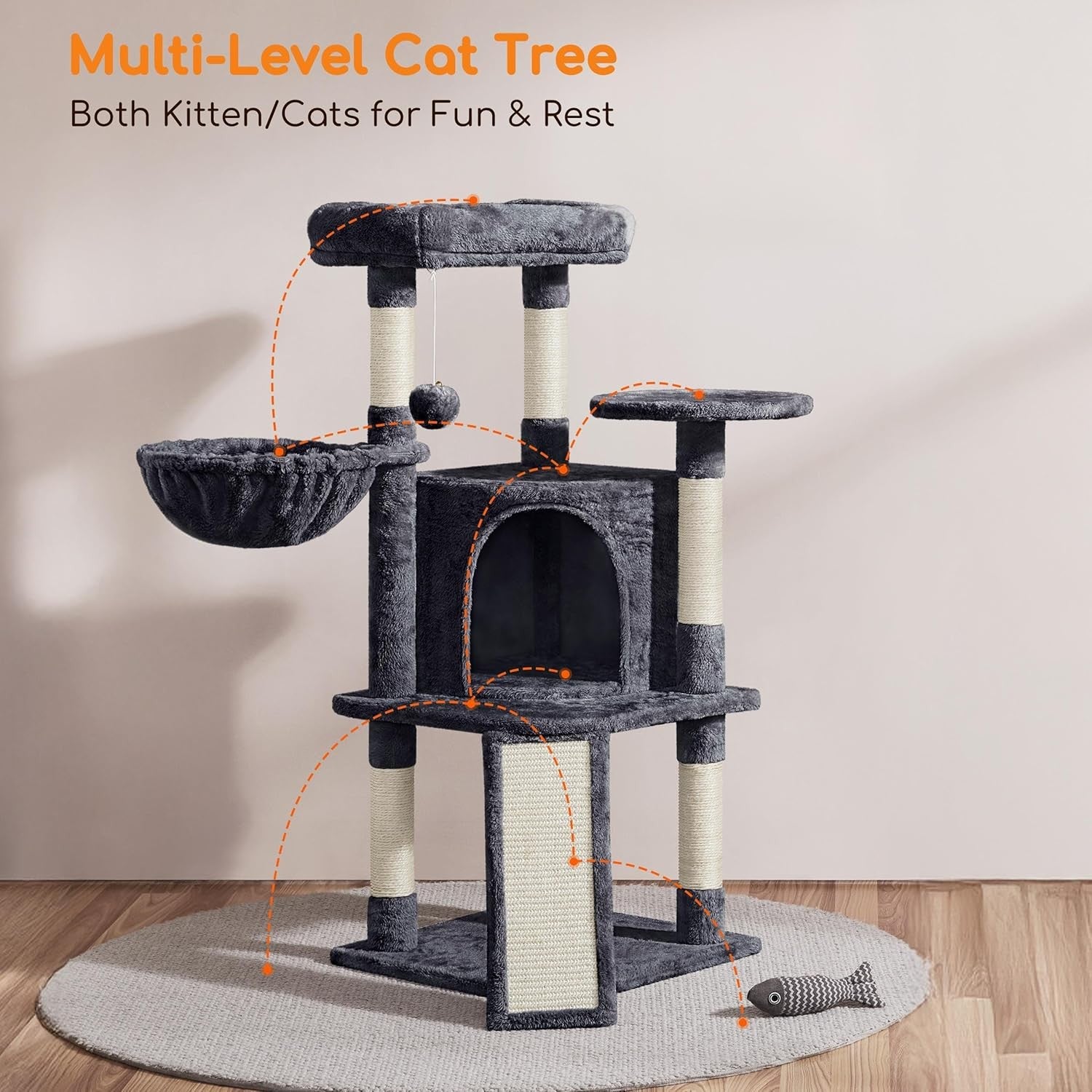 Cat Tree 107cm Climbing Tower Scratching Posts Condo Basket for Indoor Cats