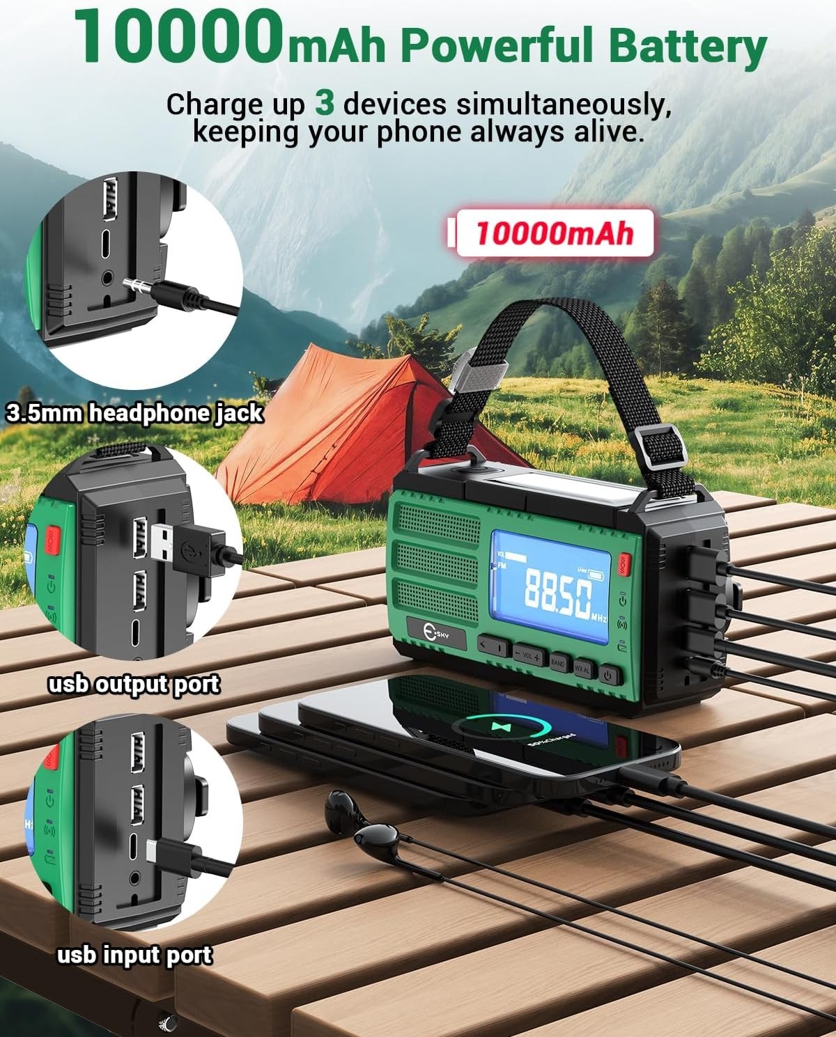 Emergency Wind Up Radio 10000mAh Solar USB Flashlight & SOS Alarm
