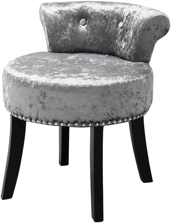 Silver Grey Velvet Vanity Stool with Tufted Back & Solid Wood Legs