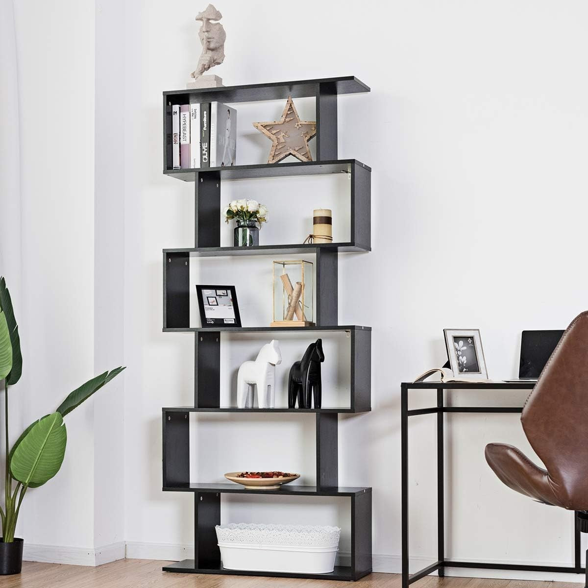 S Shaped 6 Tier Wooden Bookcase Freestanding Display Storage Shelf Black