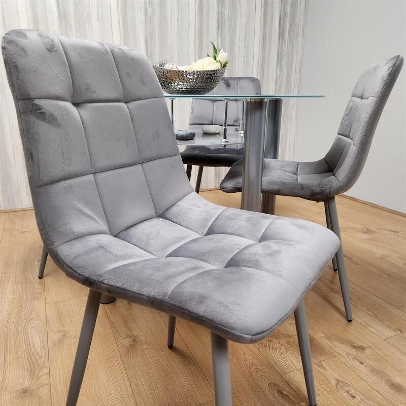 Round Glass Dining Table Set with 4 Grey Chairs Modern Kitchen Room