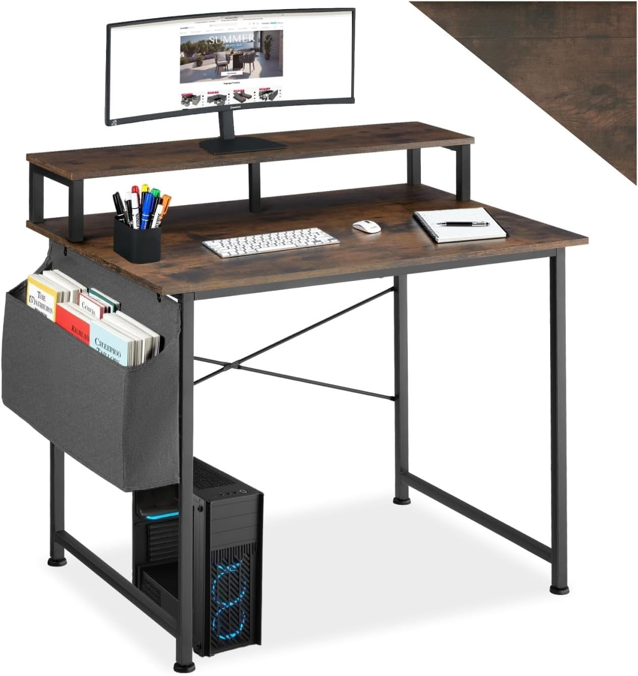 Computer Desk Dark Wood 120x60cm with Monitor Stand & Side Storage Bag