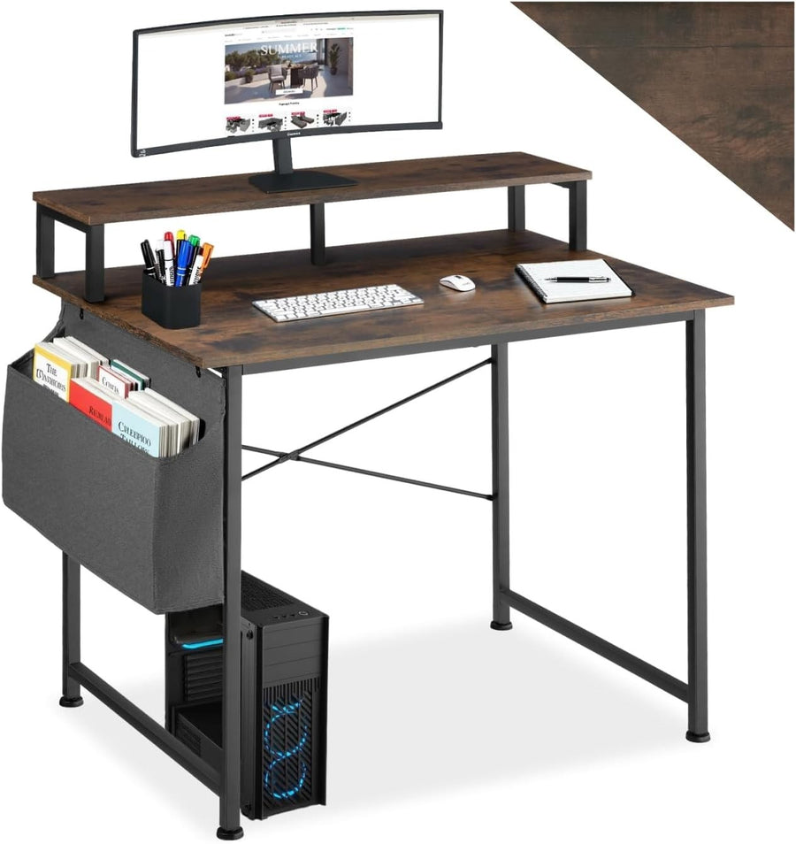 Computer Desk Dark Wood 120x60cm with Monitor Stand & Side Storage Bag