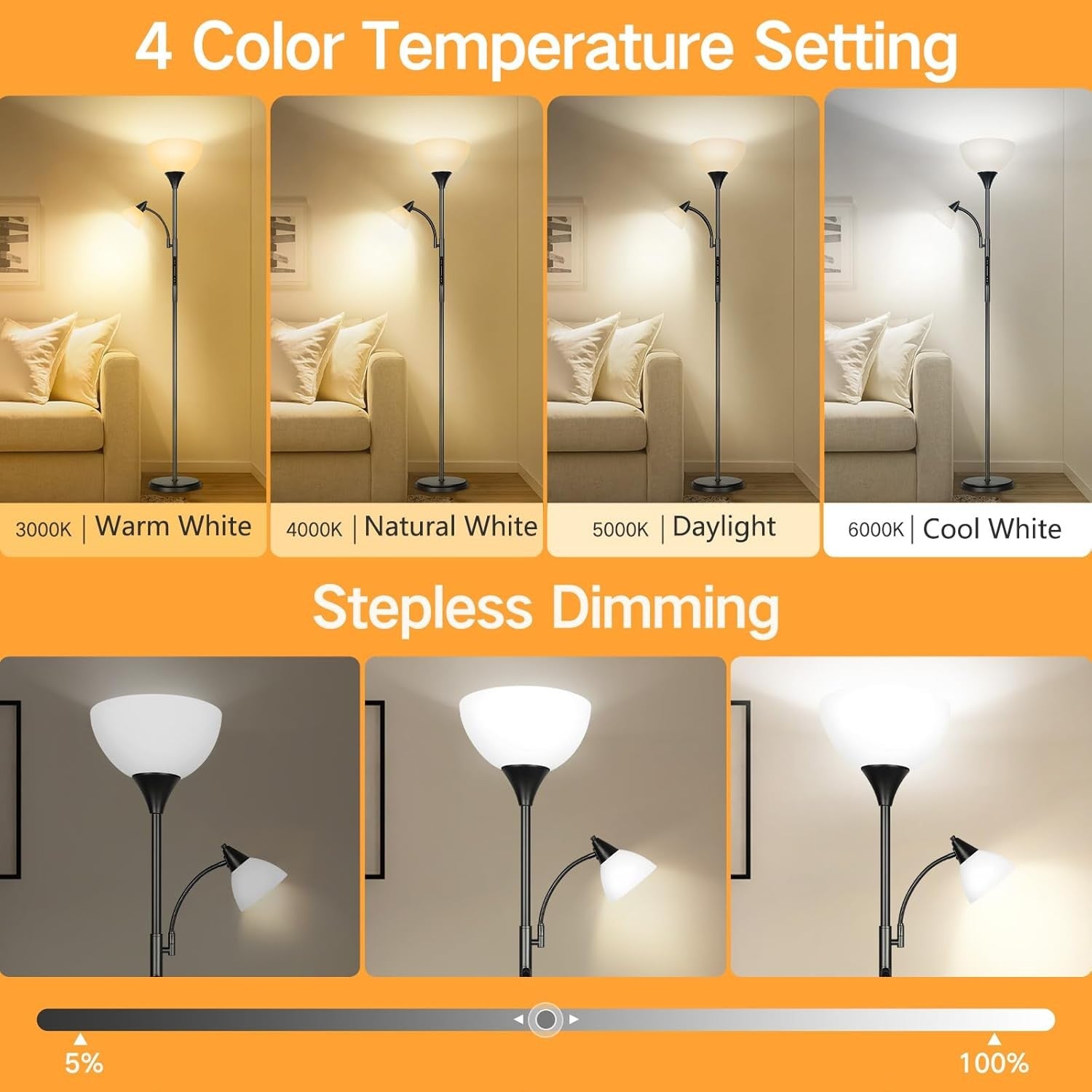 LED Dimmable Floor Lamp Touch Remote Uplighter Reading Light Tall Black