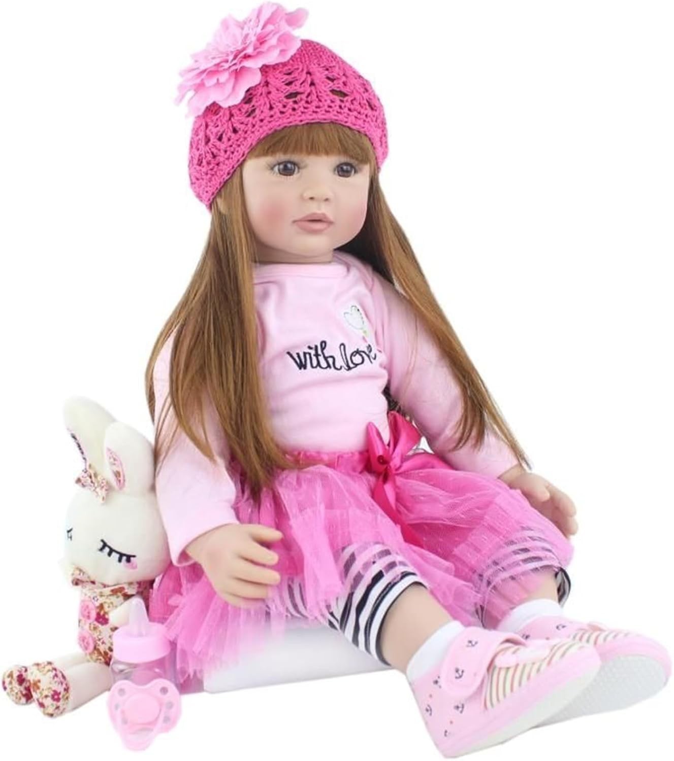 24in Lifelike Reborn Baby Girl Doll Soft Silicone Vinyl Long Hair