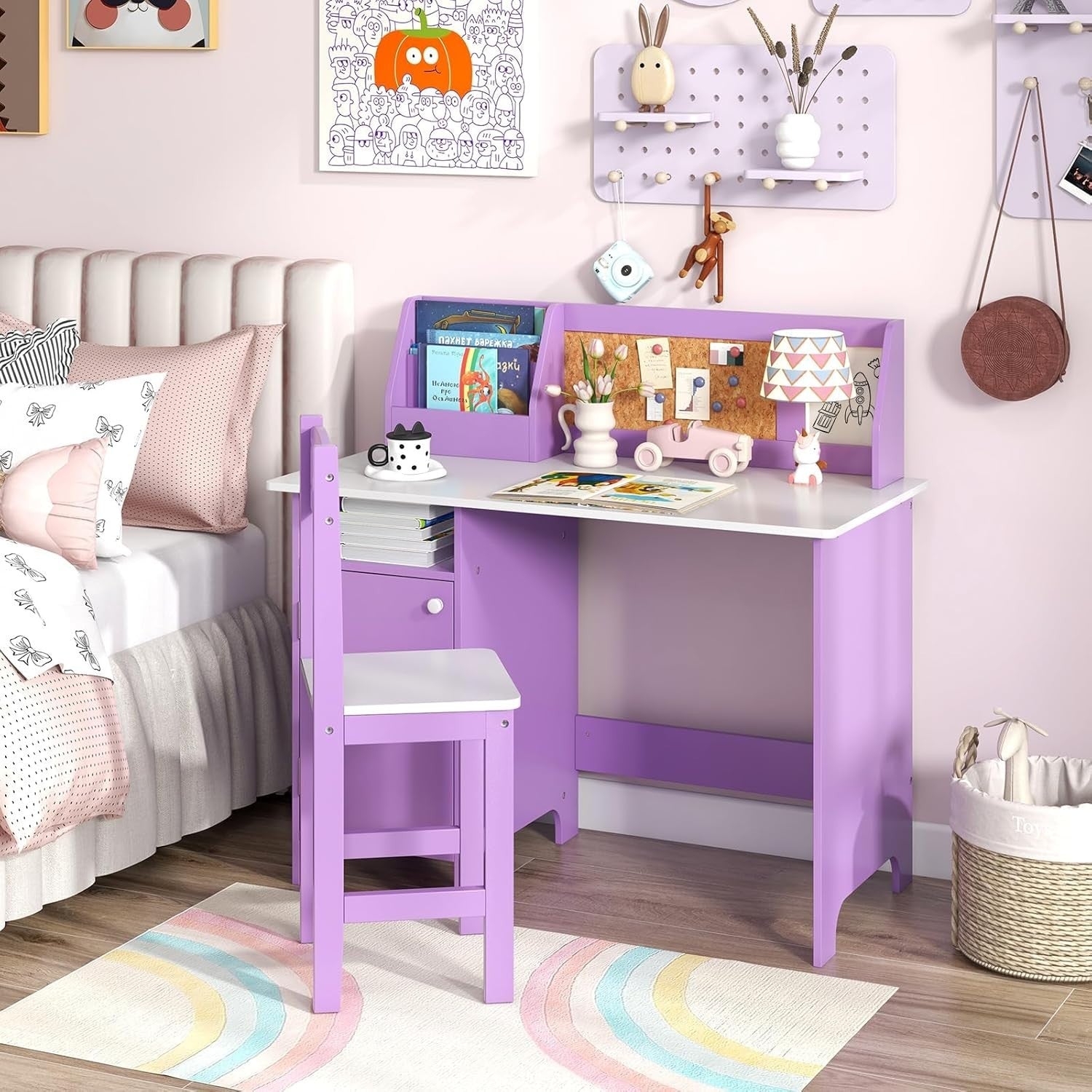 Kids Study Desk & Chair Set with Storage Cabinet, Cork Board, Ergonomic