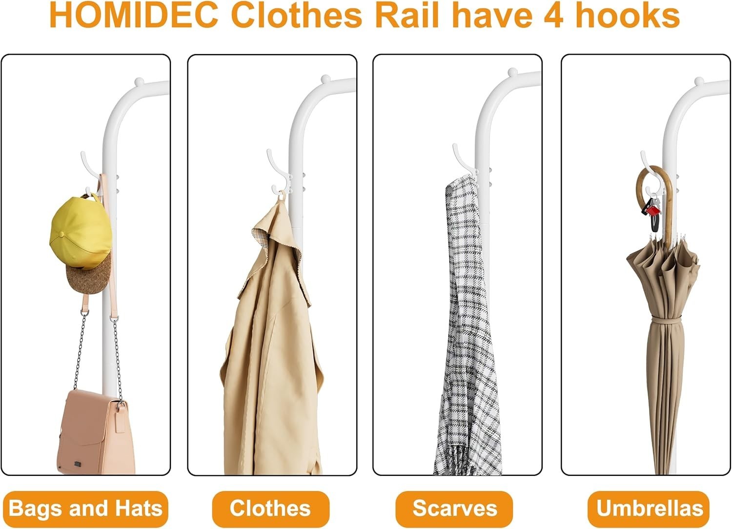 Portable White Clothes Rail 40KG Rack With Wheels Shelf & Hooks