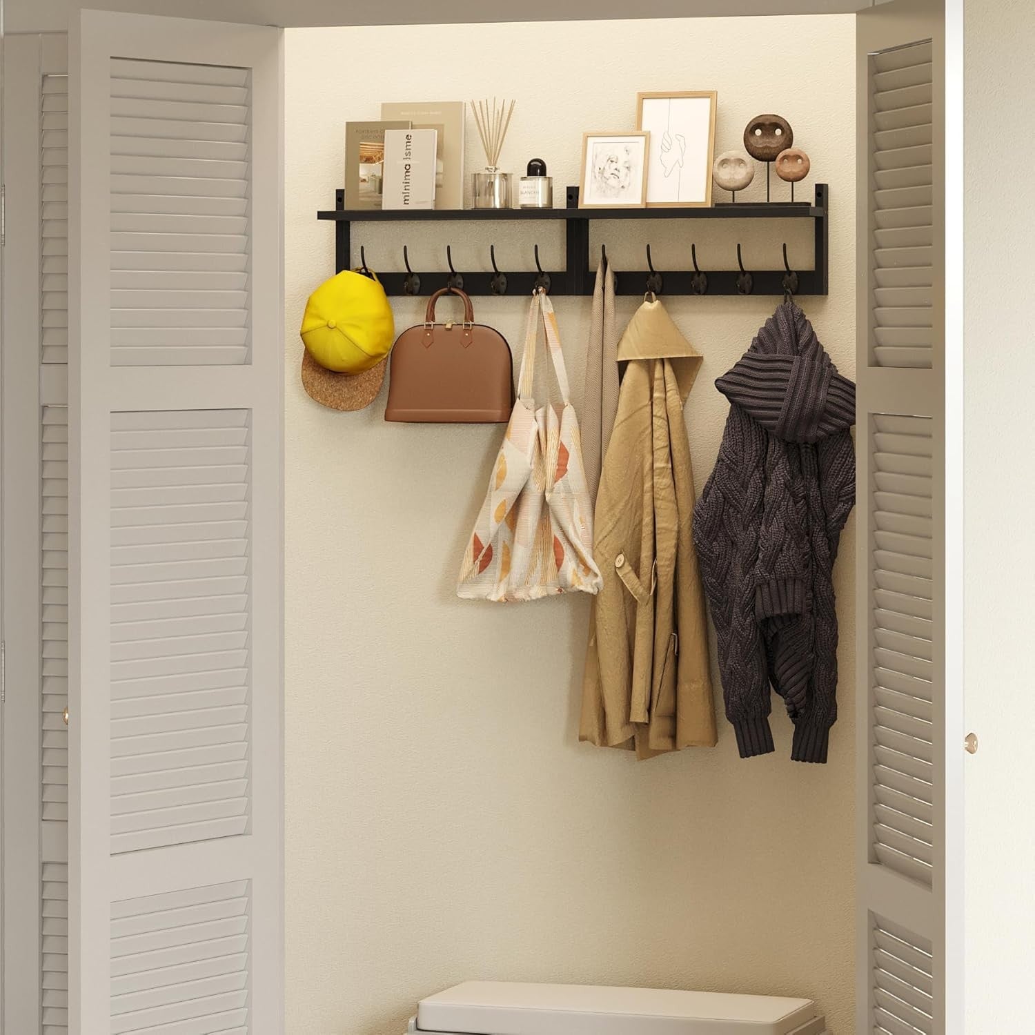Wooden Wall Coat Rack with Shelf 87cm | 10 Hooks for Coats Hats Keys