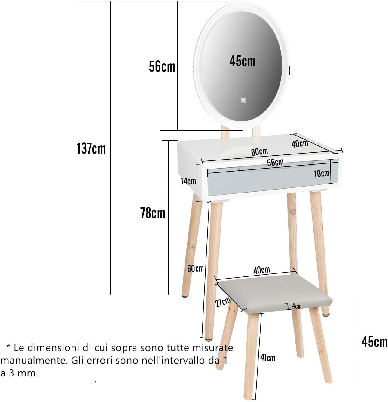 White Dressing Table LED Mirror Stool Set Vanity Desk Bedroom Makeup Storage