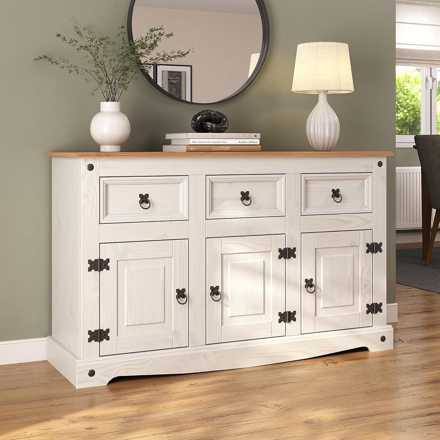 White Solid Pine Sideboard Cabinet 3 Door 3 Drawer Rustic Storage Unit**