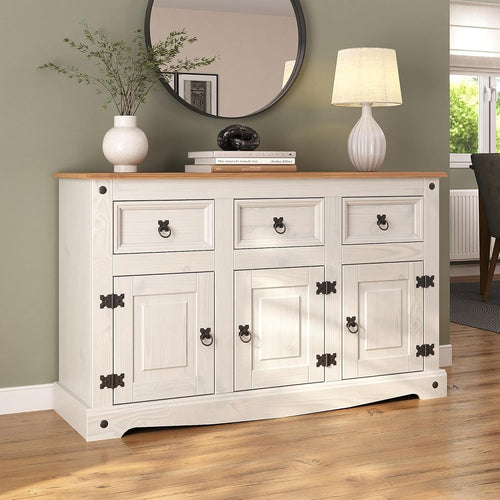 White Solid Pine Sideboard Cabinet 3 Door 3 Drawer Rustic Storage Unit**